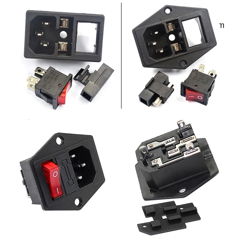 3 Pin IEC320 C14 C15 Electrical Socket LED 250V Rocker Switch Brass 10A Fuse Female Male Inlet Plug Pin Connector Computer Mount