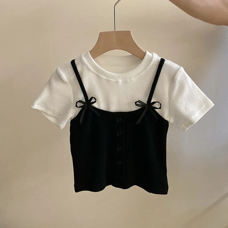 

Girls T-shirt 2024 Summer New Lovely Bow Knot Splicing Tops Cowboy Skirt Casual Simple Fashion Loose Sweet Korean Active Vintage