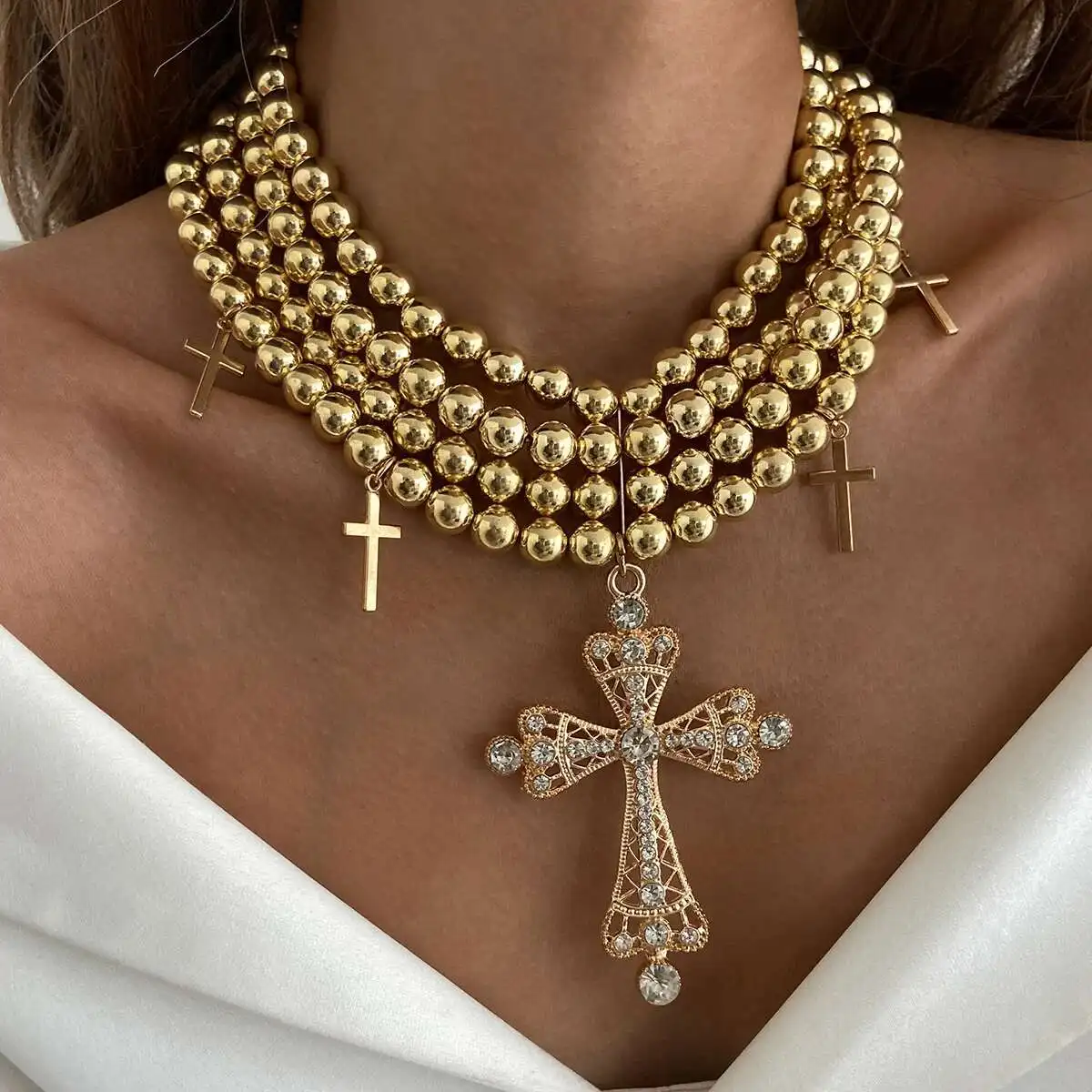 SHIXIN Punk Inlaid Rhinestone Big Jesus Cross Pendant Necklace for Women Exaggerated Multi Layer Gold Color CCB Beaded Choker