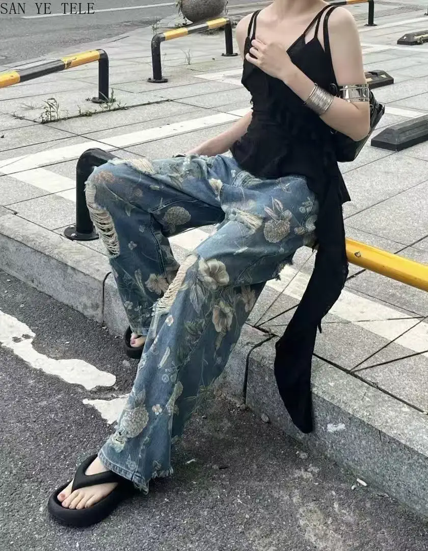 

Винтажные рваные джинсы с цветочным принтом, женские свободные прямые брюки Y2k, рваные эстетические джинсовые брюки в стиле Харадзюку 90-х, новинка моды