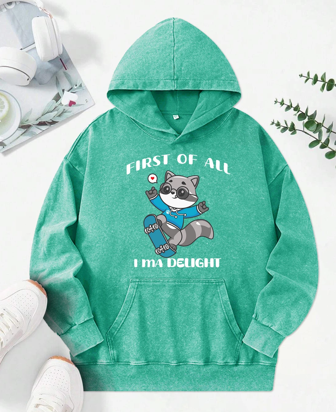 Raccoons Enjoy Skateboarding Printed Female Washed Hoody All-Match Multicolor Pullover Cotton Oversize Sportswears Casual Hoodie