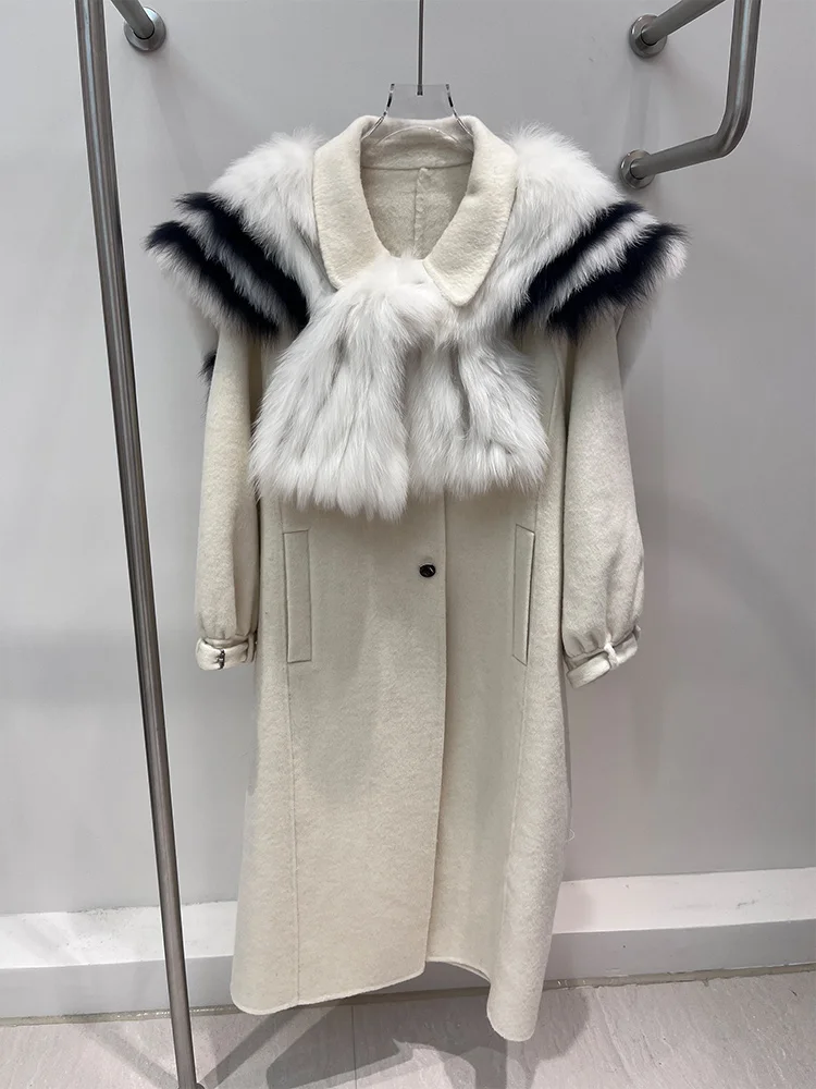 2025 nouvelle mode femmes hiver fourrure de renard naturelle col bleu marine longue laine manteau de laine vêtements d'extérieur pour femmes veste de rue