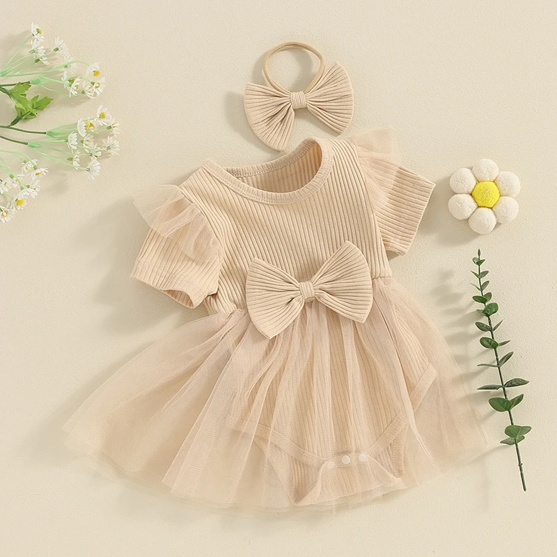 

Baby Girl Ribbed Romper Dress Ruffle Short Sleeve Mesh Tutu Dress Solid Bodysuit Summer Clothes Newborn Headbands