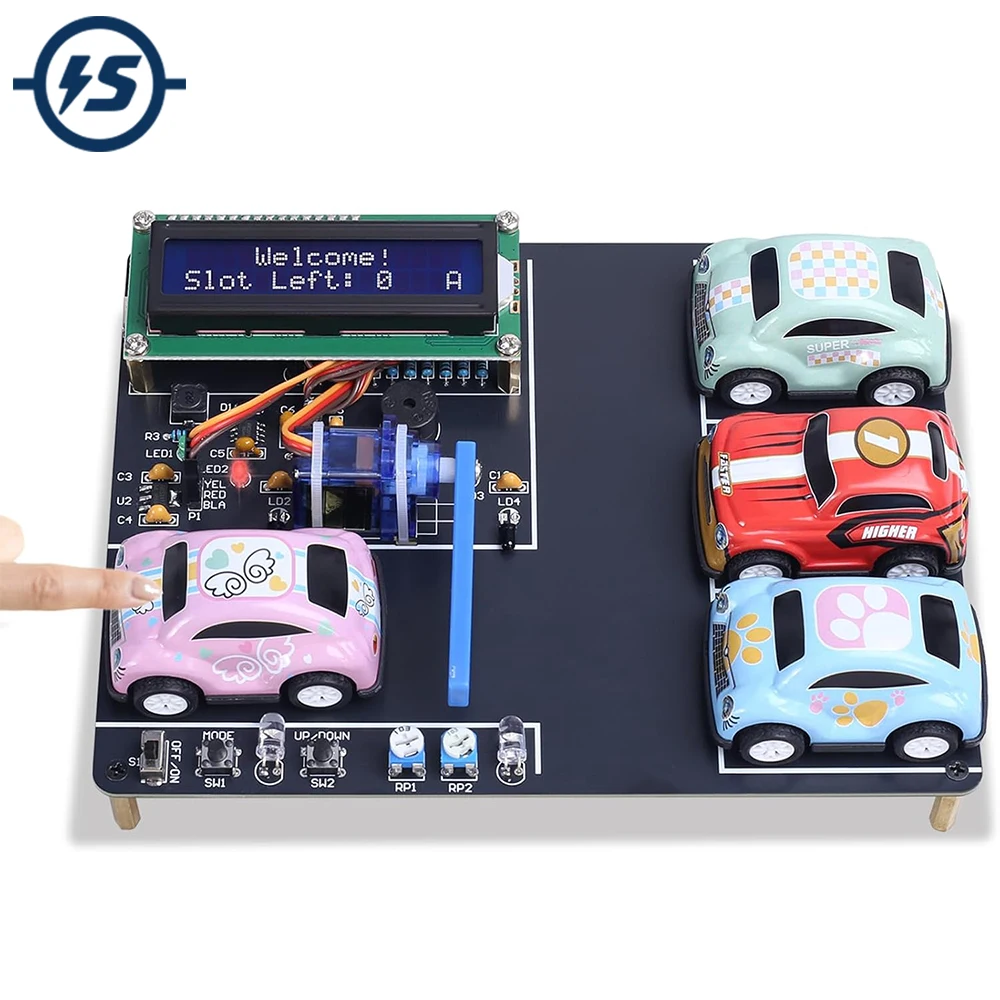 Mini Parking Lot Simulation Soldering Kit DIY Garage Model Kit with LCD Display 4 Mini Cars STEM Electronic Learning Projects