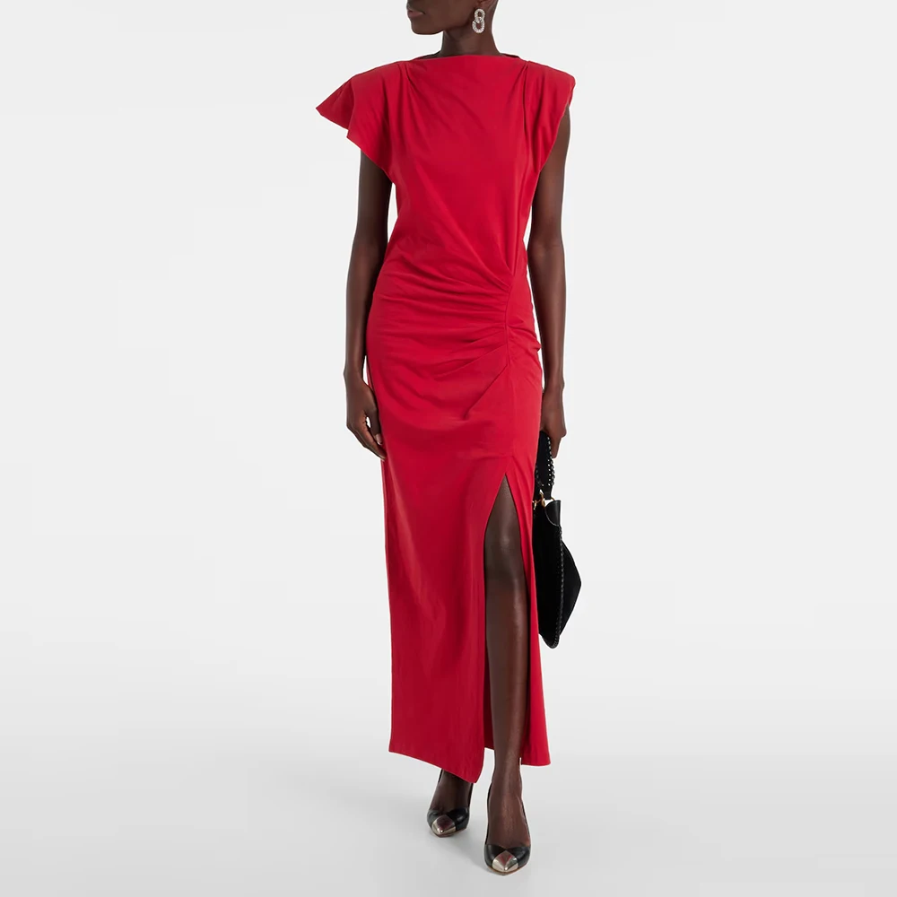 

Crepe Evening Dress For Sexy Women 정장원피스 Vestidos de festa Elegant O-Neck Ankle-Length Cocktail Party Prom Gown With Slit