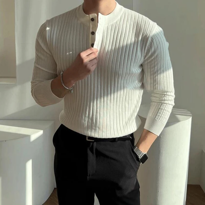 

Новая модная мужская вязаная футболка, винтажные однотонные вязаные футболки с круглым вырезом на пуговицах для мужчин, весенние модные тонкие джемперы