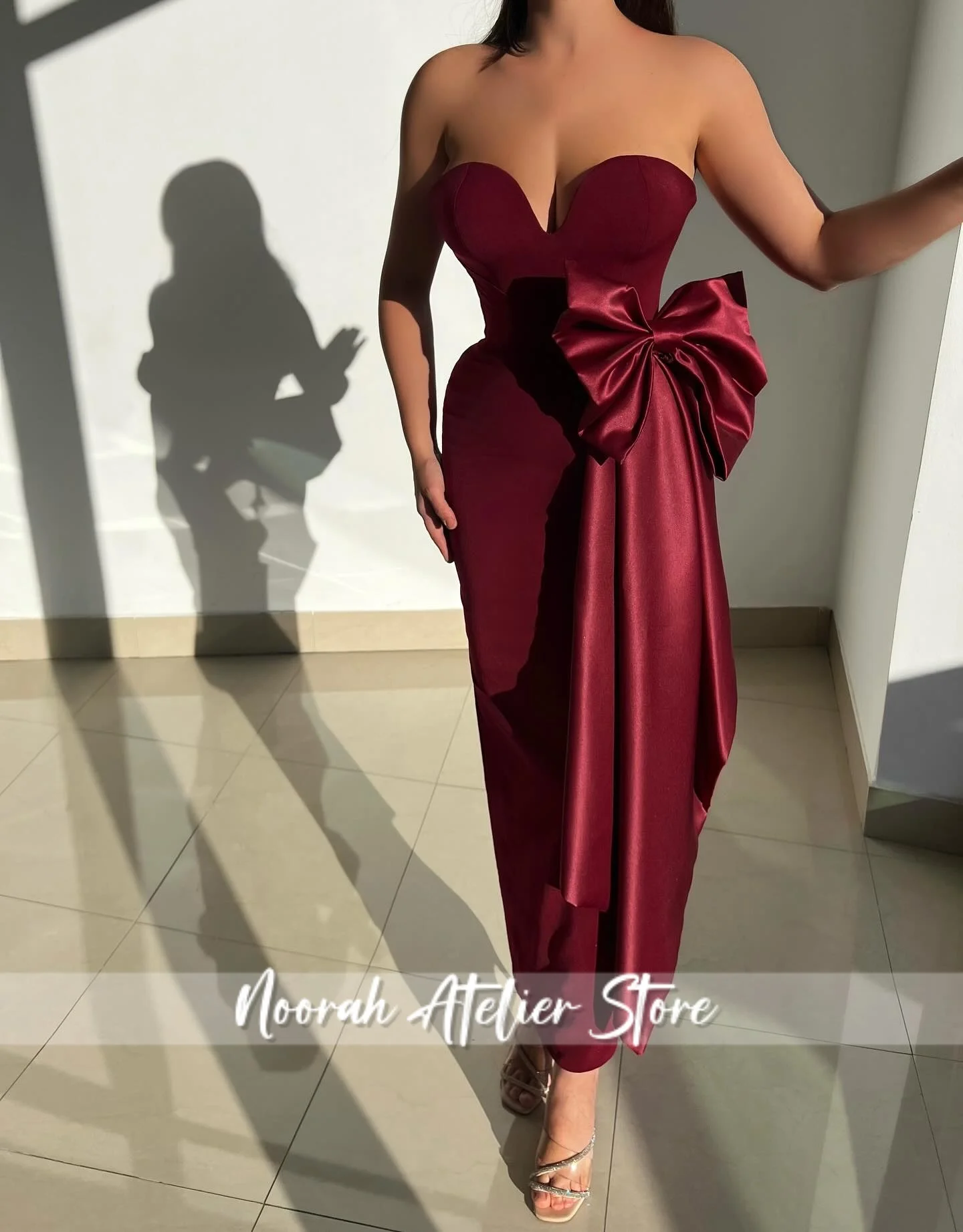 

New Elegant Wine Red Peplum Bow Evening Dress 2026 Sweetheart Luxury Women Prom Dresses Tea-Length Party Dress Customized