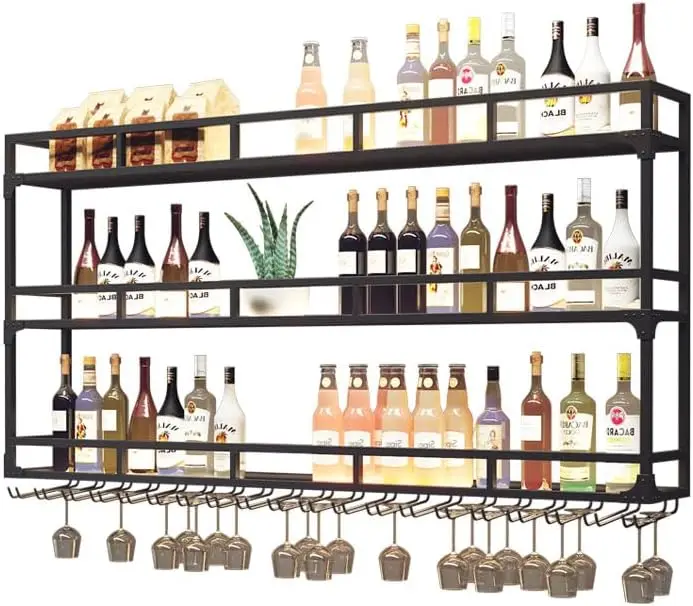 59in Wine Rack with LED Wall Mounted Bottle Glass Holder Under Shelf, 3-Tiers Liquor Floating Shelves Display Storage Organizer