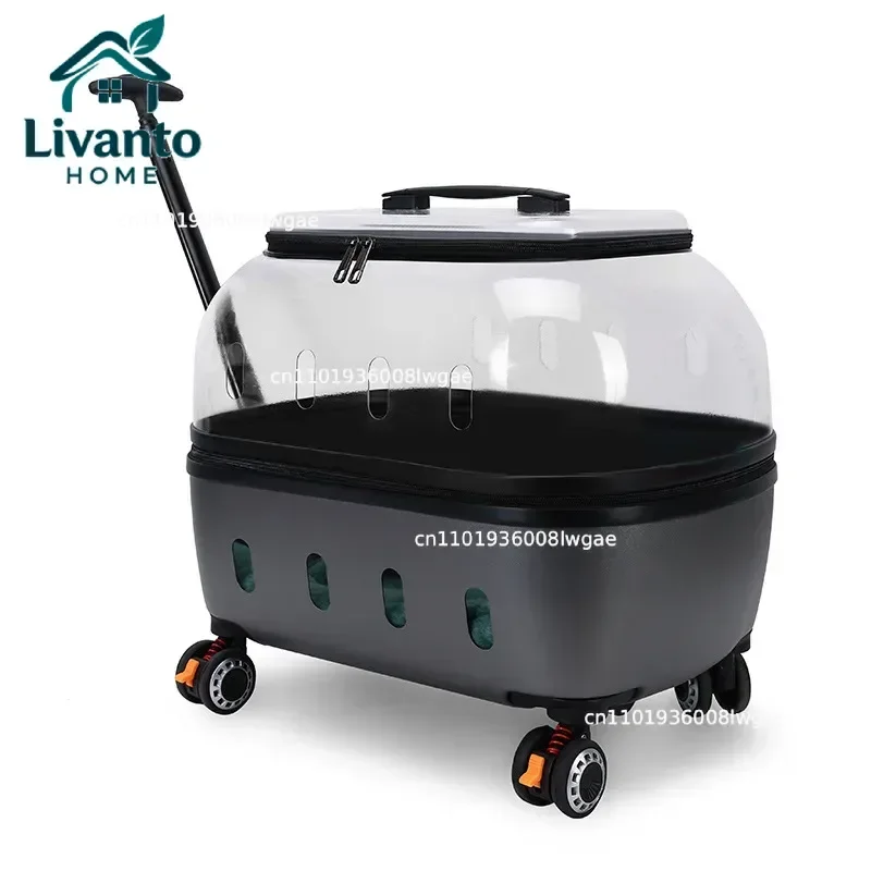 

Fashion Transparent Cat Cage Large Capacity Pet Suitcase Breathable Cat Carriers Pull Rod/Handheld Dual Use Cat Transport Cart