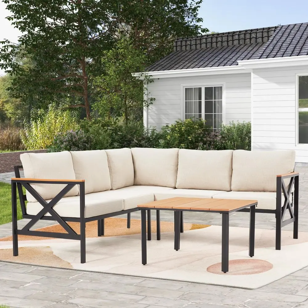 

6-Piece Metal Outdoor Sectional Patio Furniture Set with Wooden Coffee Table and 6.5 Cushions for Backyard, Garden, Poolside