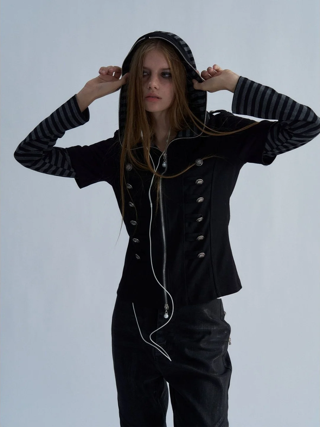 Women Napoleon Hoodie Striped Shirt Fake 2PCS Zip Metal Buttons Oversized Dark Subculture Gothic Punk Spring Fall Jacket