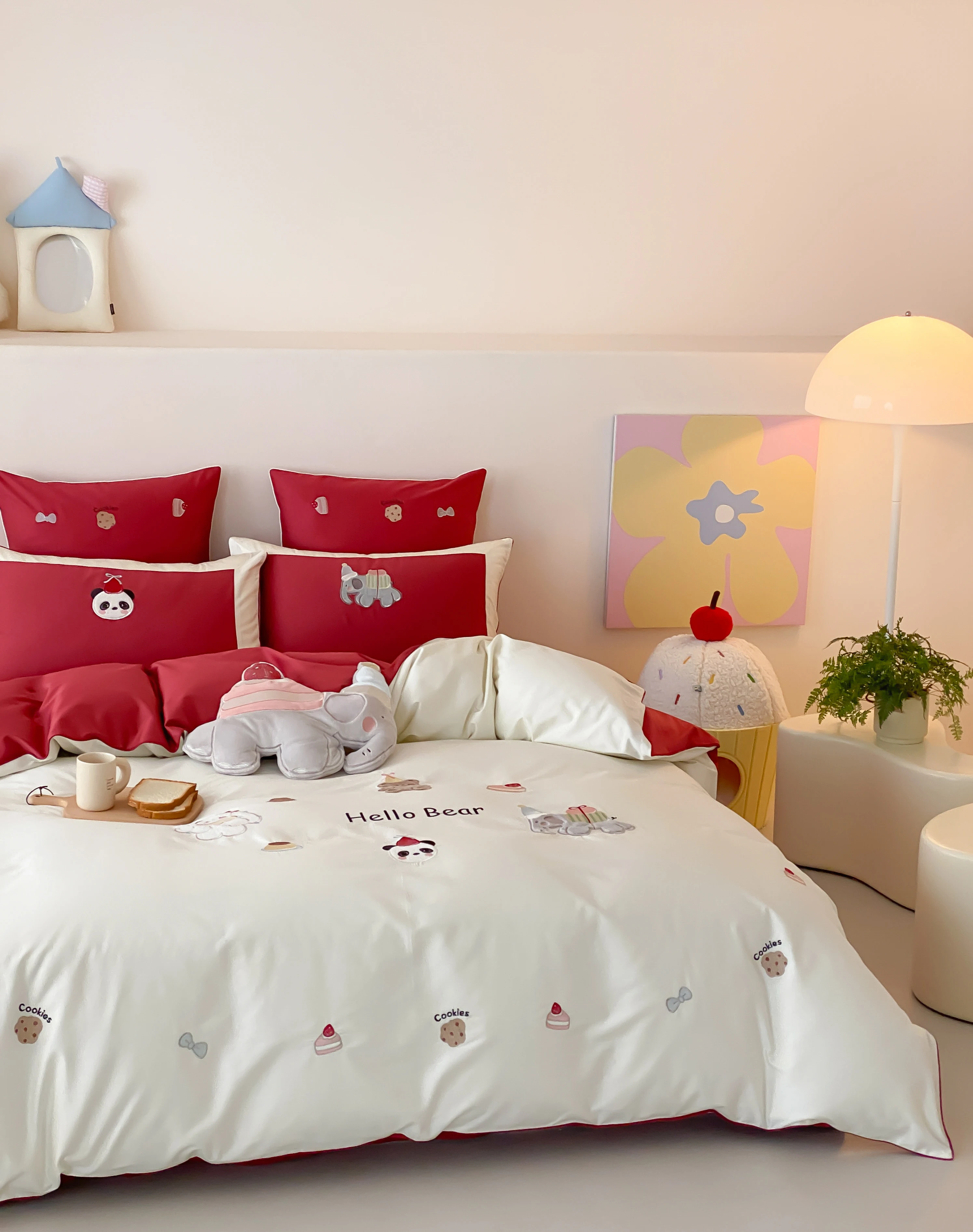 Hello Bear Embroidered 4-Piece Kids Bedding Set, Red White Contrast Color, Single Size, Duvet Cover with Flat Sheet
