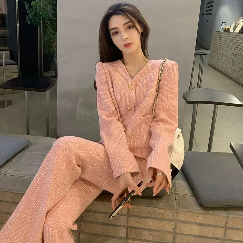 Small Fragrant Wind Suit For Women\'s 2023 Spring and Autumn Fashion Celebrity Style Coat High Waist Wide Leg Pants Two Piece Set