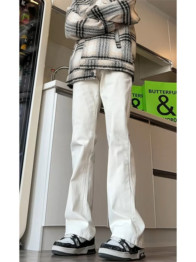 

Белые прямые джинсы для мужчин в американском стиле, эластичные модные брюки-буткэт из смесового хлопка и полиэстера