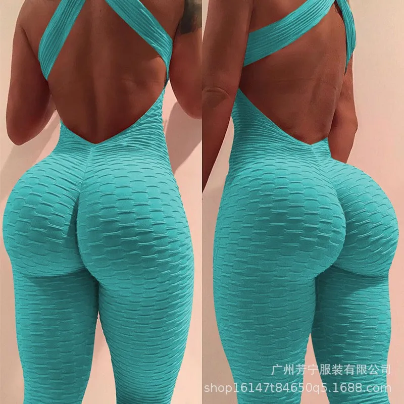 

Women Jumpsuit Backless Design Crisscross Straps High Waist Solid Color Bodysuit Halter Neck Keyhole Cutout