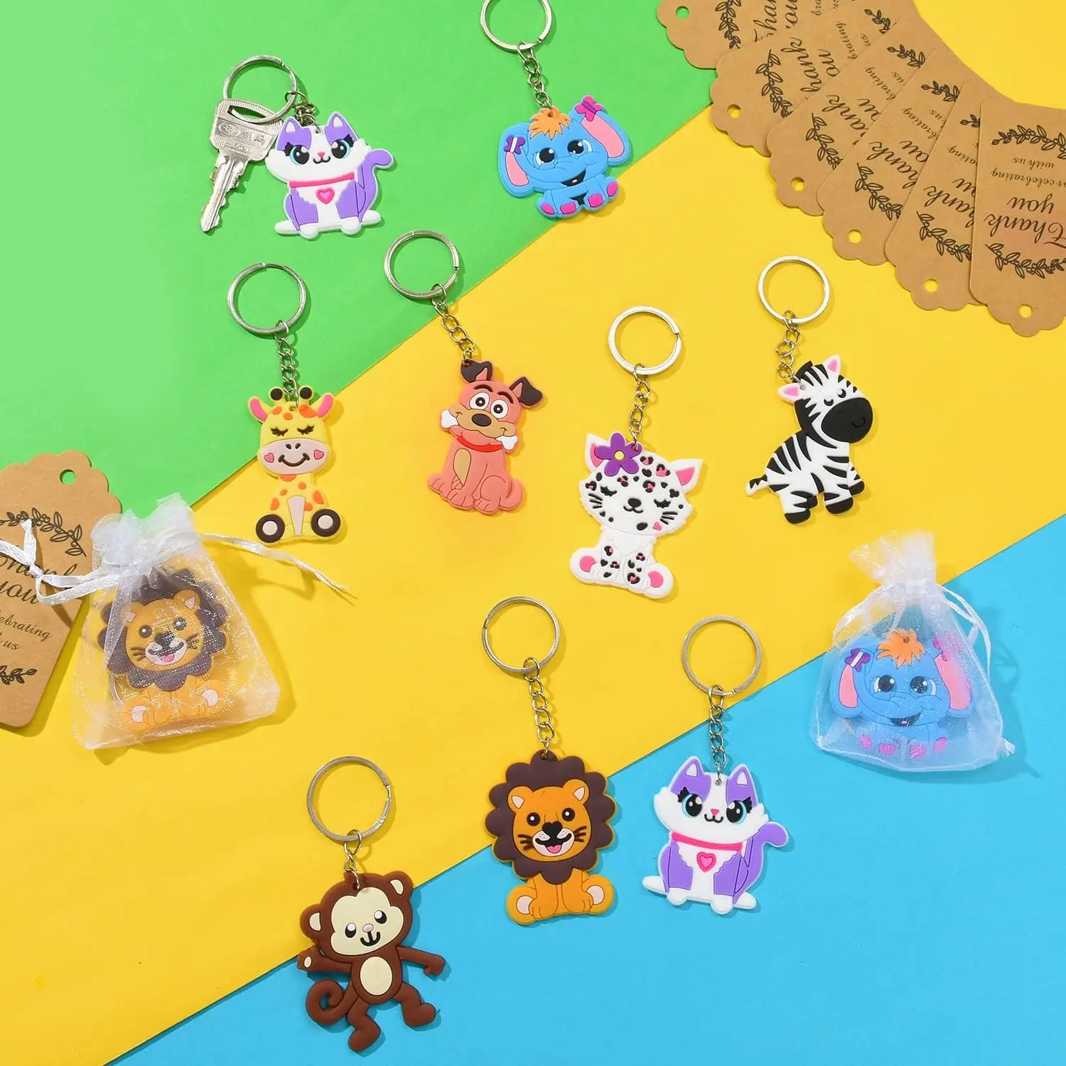 48Pcs Cute Jungle Animal Keychains, Including Key Ring, Thanks Tags, organza Bags for Boy and Girl Birthday Favor, Baby Shower