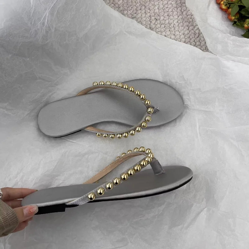 Fashion Pearls Beach Flip Flops for Women 2025 Summer Clip Toe Flat Slides Sandals Woman Comfortable Non Slip Outdoor Slippers view 5