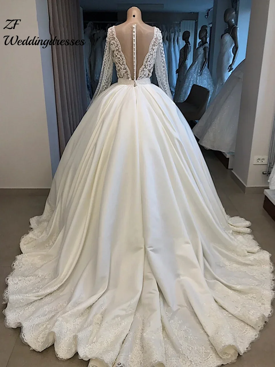 تخصيص ألف خط مثير الخامس الرقبة فستان الزفاف تنورة الساتان كم كامل بلينغ بلينغ بلينغ فستان الزفاف فيستدو دي نوفيا