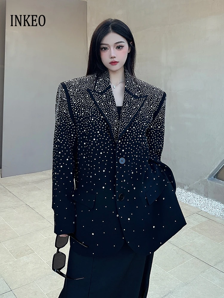

High street Women Rhinestone blazer Oversize Black Luxury Single breasted long sleeve jacket 2025 Spring Autumn Coat Sexy 5O027