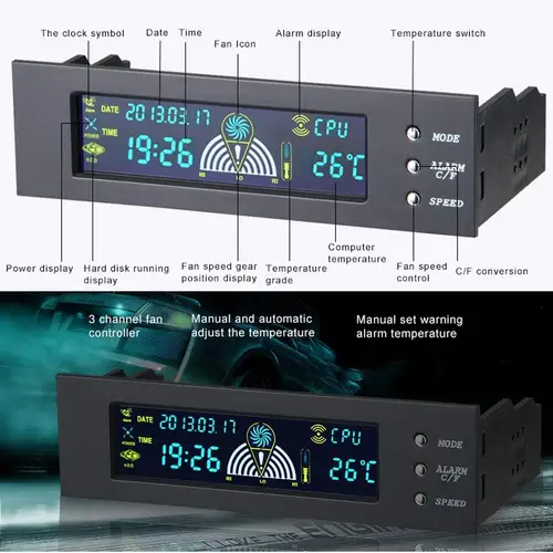 Imagen 2 del producto Controlador de ventilador de ordenador de 5,25 pulgadas, 12V, 3 ventiladores, controlador de velocidad, Sensor de temperatura, pantalla Digital LCD, Panel frontal para PC