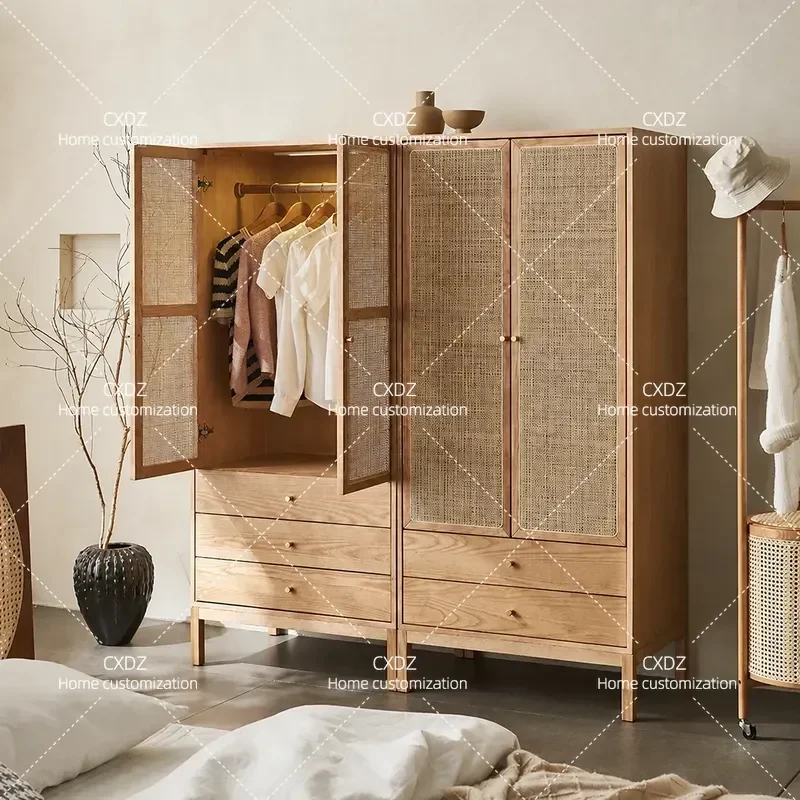 Vintage Solid Wood Rattan Wardrobe Two Door Storage Cabinet Minimalist Home Clothes Closet Small Apartment Furniture