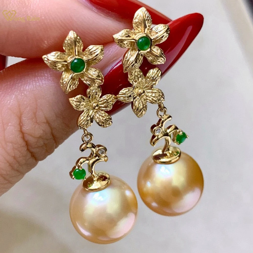 

Wong Rain Vintage 18K Gold Plated 925 Sterling Silver 11-13 MM Natural Gold Pearl Emerald Gems Drop Earrings Customized Jewelry