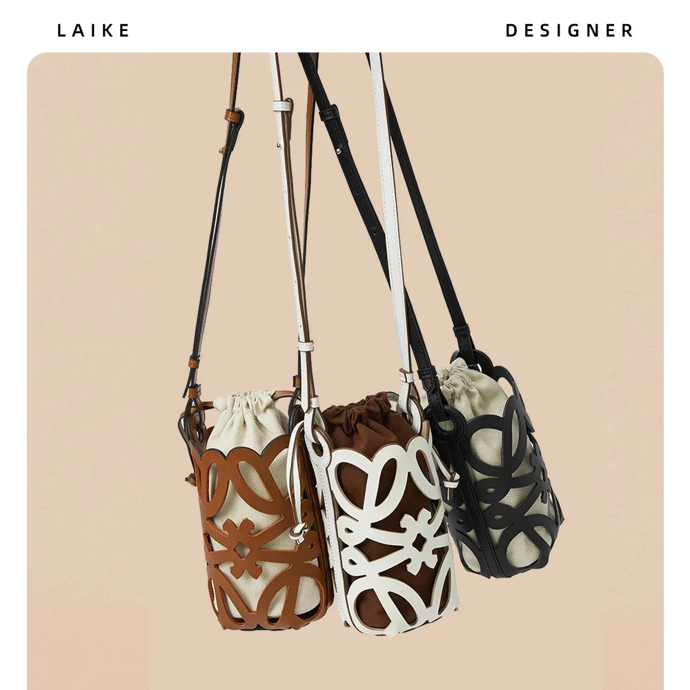 

2024 new crossbody bucket bag hollow drawstring canvas inner bag niche design fashionable versatile mini bag