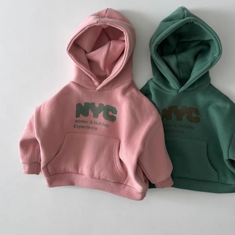 Kids Boys Girls Fleece Hoodie Sweatshirt Letter Print Pullover Long Sleeve Warm Casual Tops Autumn Winter Clothing