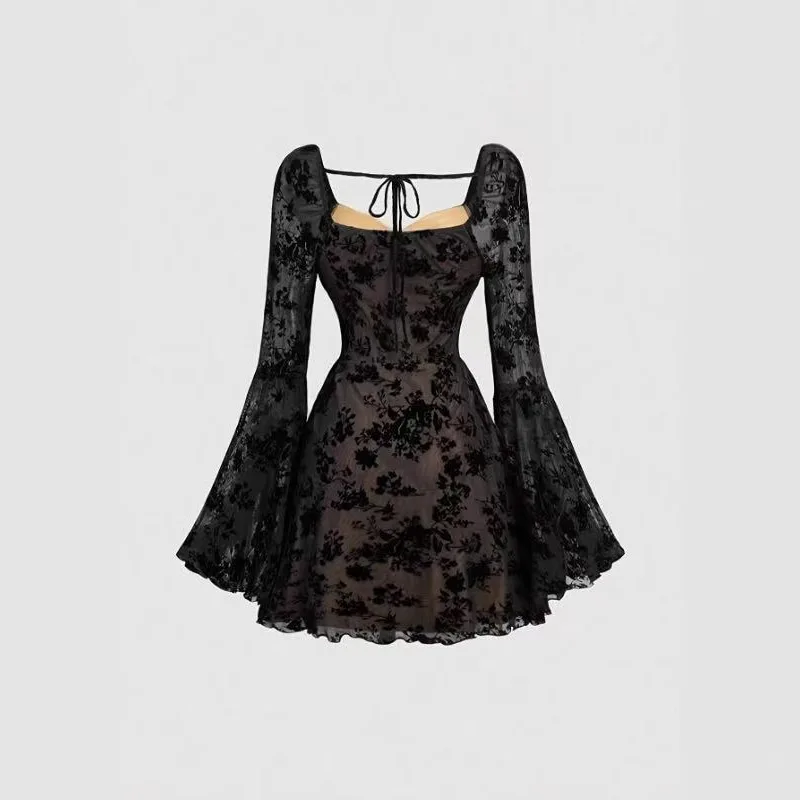 flare sleeve black mini dress Black Mock Neck Flared Sleeve Mini Dress – ADONIS BOUTIQUE main image 0