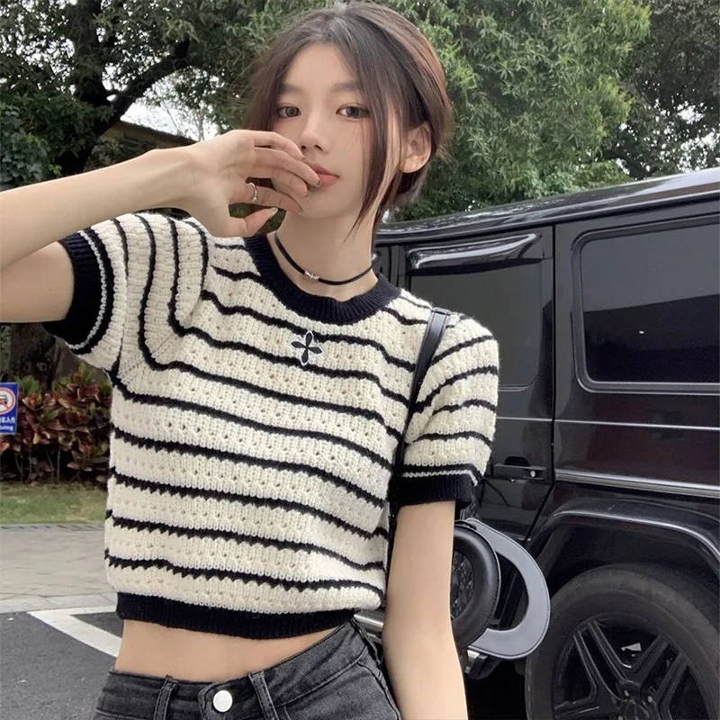 Women Clothing Cross Hollow Striped Sweater Summer New French O-neck Short Sleeve Knit T-shirt Casual Loose Chic Short Top Tees