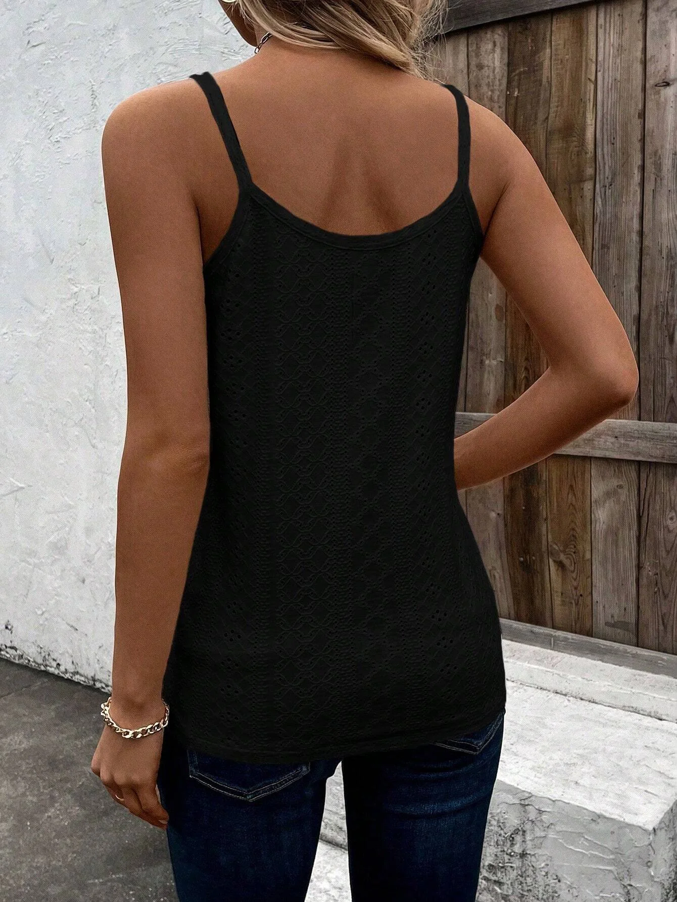 Women 3 Pack Solid Eyelet Cami Top Casual Lace Trim V Neck Spaghetti Strap Tank Top Set