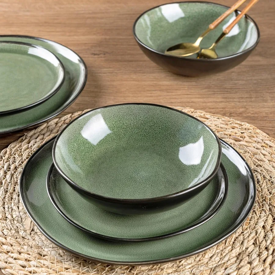 أطقم أواني طعام سيراميك مصنوعة يدويًا مع طلاء تفاعلي لتناول الطعام اليومي والمناسبات الخاصة، رقاقة عالية ومقاومة للشقق