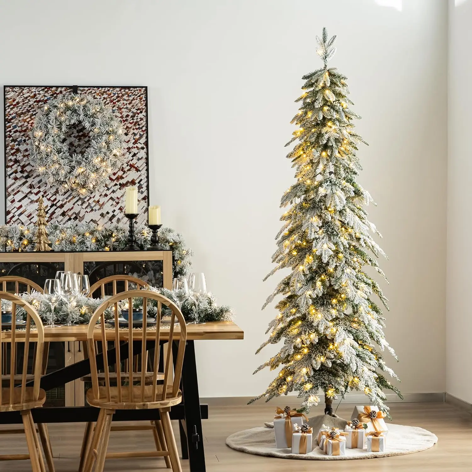 

7.5ft Artificial Christmas Tree, Pre-Lit Flocked Pencil Christmas Tree Chicago Frostwood Spruce with 350 Warm White Ligh