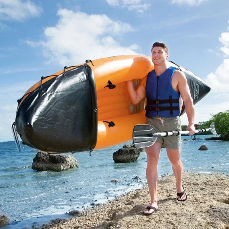 Barco de pesca de deportes acuáticos portátil naranja con bomba de aire de paleta y bolsa para 2 personas, kayak inflable de 321 por 88cm