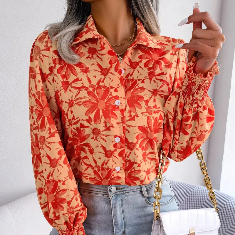 Real Time Shooting of Spring and Summer Casual Lantern Sleeves Contrasting Flower Collar Shirt Women's Clothing