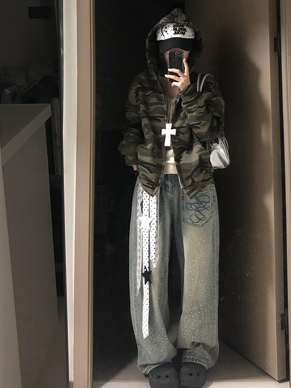 กางเกงยีนส์ทรงตรงขากว้างเอวสูงปักลายสไตล์อเมริกันย้อนยุคสำหรับผู้หญิง  คอลเลคชั่นฤดูใบไม้ร่วงและฤดูหนาว รุ่นใหม่ Sle PmORh Denim