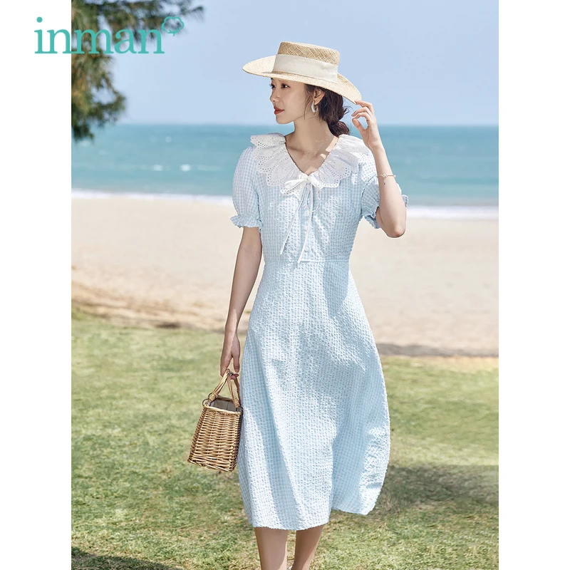 

INMAN Women Dress 2023 Summer Puff Sleeve Hollow Lace V-neck A-shaped Slim Waist Texture Fabric French Elegant Romantic Skirt