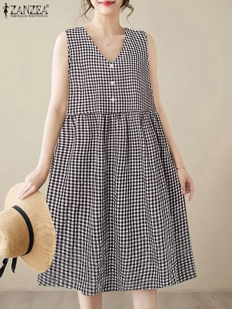 ZANZEA Holiday Beach Sundress Summer Plaid Checked Dress Women V Neck Sleeveless Baggy Vestidos Elegant Casual Button Midi Robe