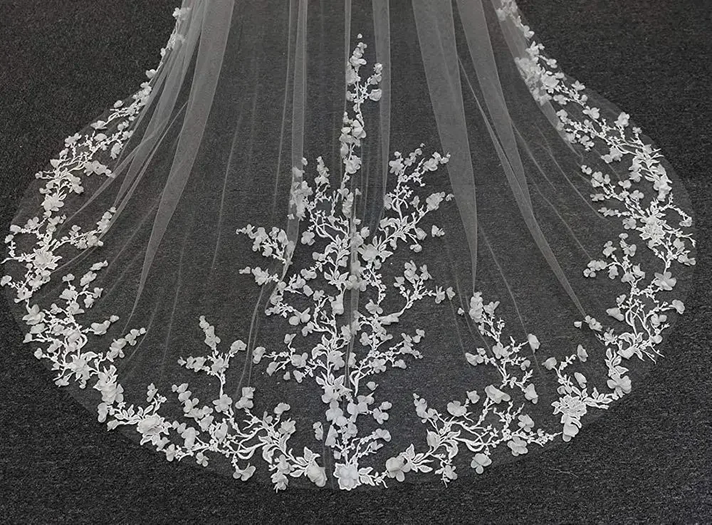 

Wedding Veils 3D Flowers Floral Veil One Layer Long Cathedral Lace Edge Elegant Bridal Veils for Bride with Metal Comb