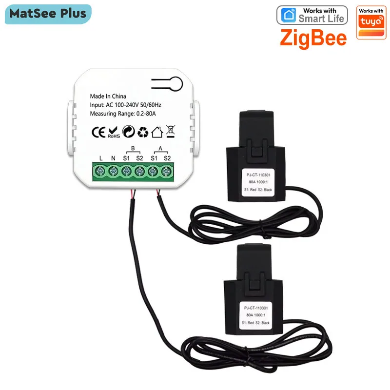 Smart ZigBee Energy Meter 1, 2 Channel Bidirectional with Current Sensor Clamp App Monitor Power 110V/240VAC Works with Tuya