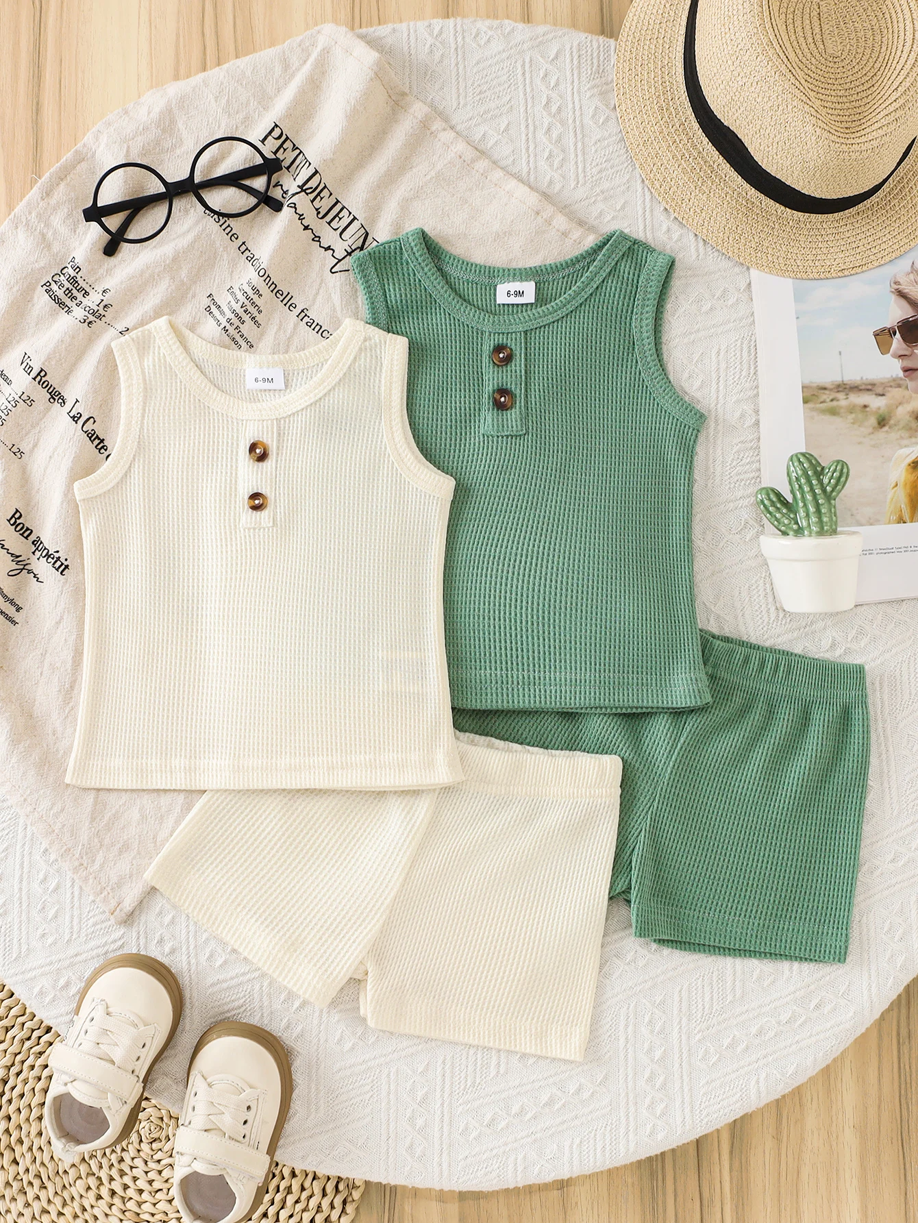 4pcs Summer Unisex Baby Waffle Knit Outfit Set, 2 Colors Henley Sleeveless Tank Top + Elastic Shorts, Minimalist Neutral Style,