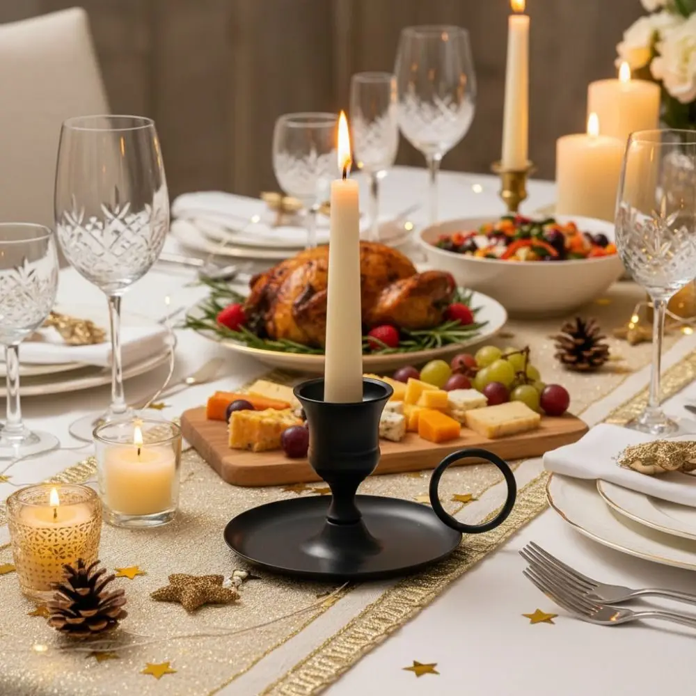 2 Piece Retro Handheld Metal Candle Holder European Style with Holding Ring Desktop Candlestick Plated Candle Cup Festive