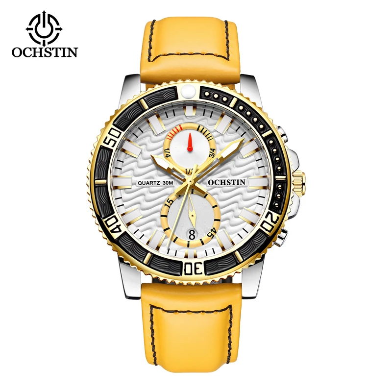 OCHSTIN New Fashion White Dial Yellow Leather Strap Multifunctional Quartz Men\'s Watch Waterproof Outdoor Sports Male Wristwatch