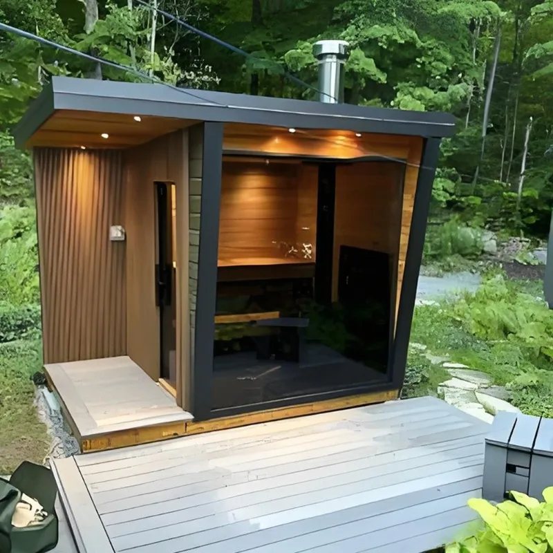 ساونا خشبية صلبة مربعة تقليدية، غرفة صحية للسبا للحمام البخاري، موقد كهربائي، موقد خشب بالأشعة تحت الحمراء #2