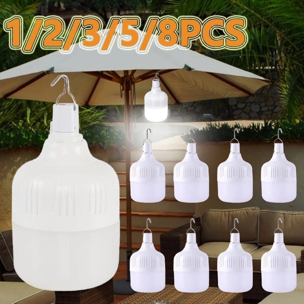 1-8pcs Portable Outdoor Camping Lights USB Rechargeable lamp LED Emergency Bulb Hook High Power Tents Lantern Night Lights Bulb