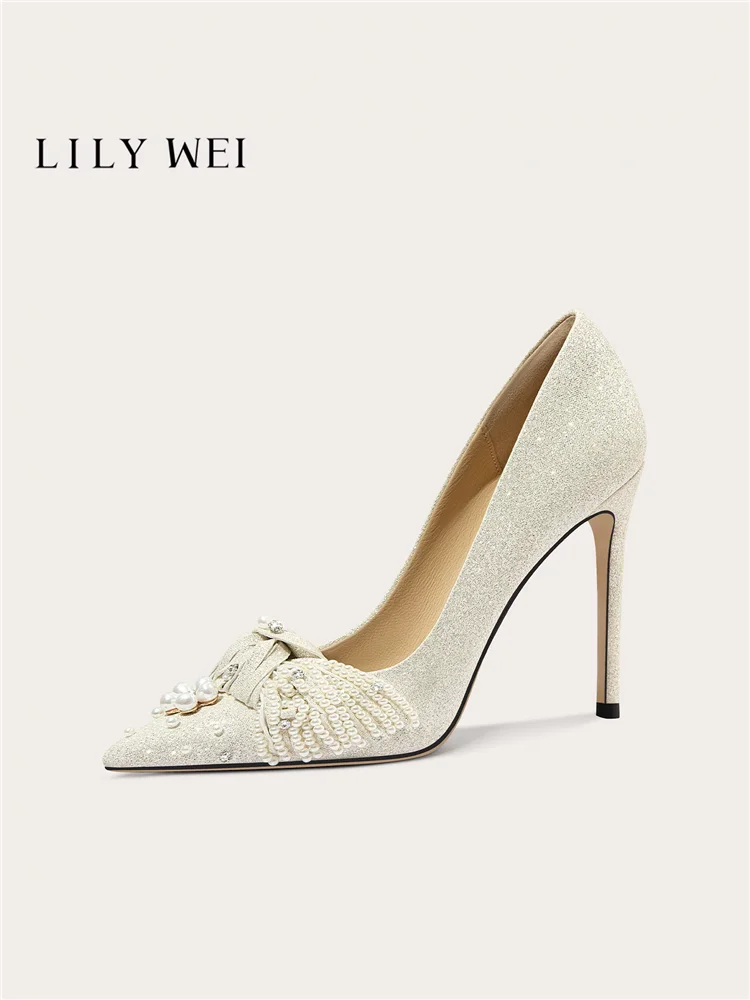 Spring new pointed shallow mouth pearl bow sequin wedding shoes banquet large size small size slim high-heeled women's shoes