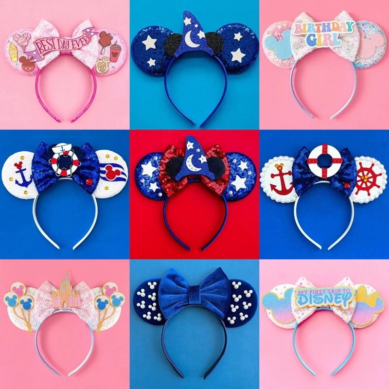 Disney Lilo & Stitch Ears Headband Women Sequins Bow Hairbands Girl Mickey Minnie Hair Accessories Daisy Duck Headwear Kids Gift