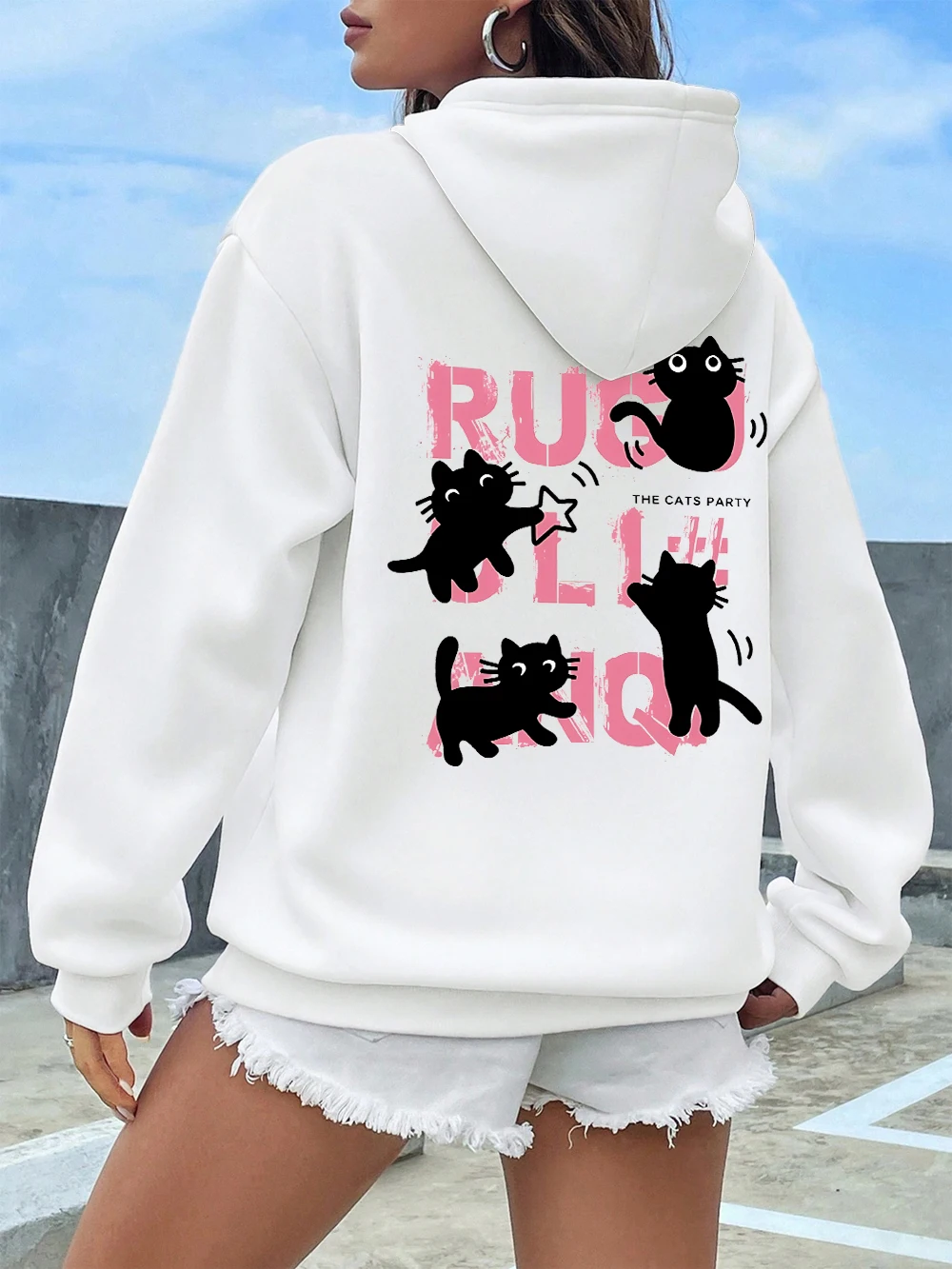 การ์ตูนแมวดําพิมพ์Hoodiesผู้หญิงนุ่มสบายเสื้อกันหนาวStreetหลวมPulloverฤดูหนาวขนแกะเสื้อผ้าผู้หญิง