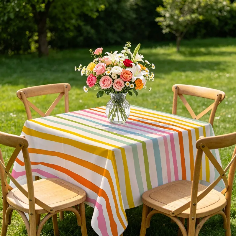 One colorful striped tablecloth, made of polyester, consisting of various vertical stripes in different colors.