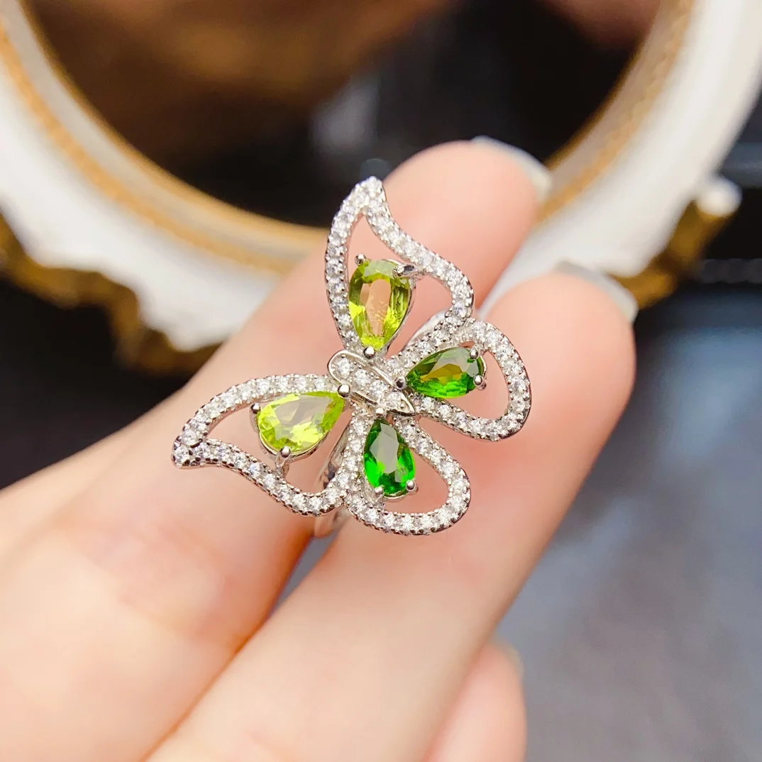

FS Natural Olivine Diopside Butterfly Ring S925 Sterling Silver Fine Fashion Weddings Jewelry for Women Gift MeiBaPJ Certificate